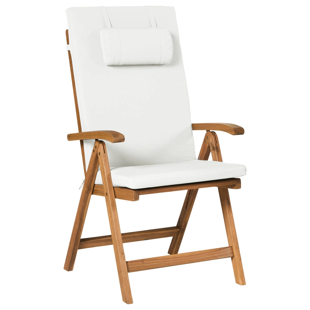 Set da giardino in stile rustico con tavolo in legno di acacia, 2 sedie pieghevoli e cuscini bianco sporco