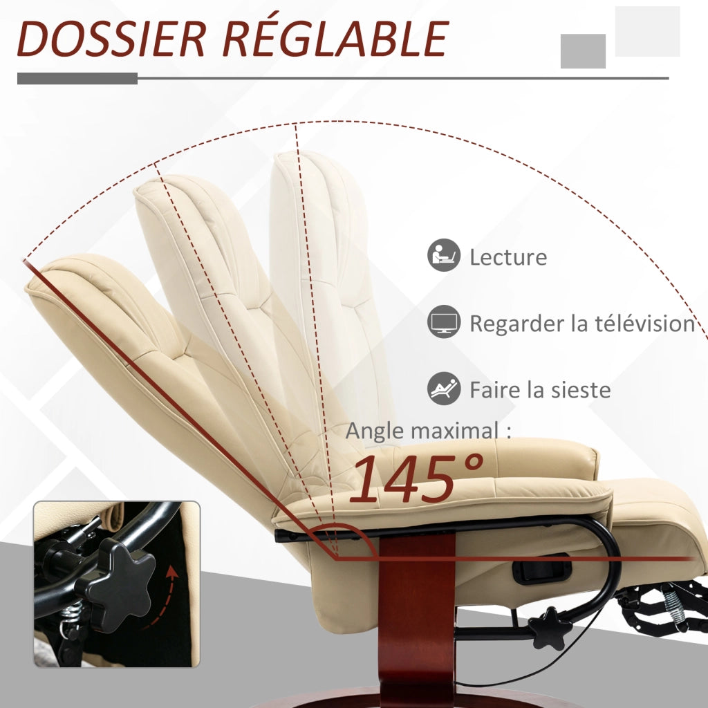 Poltrona relax reclinabile girevole con poggiapiedi ¨C zephmum ¨C crema, rivestimento sintetico, gambe in legno