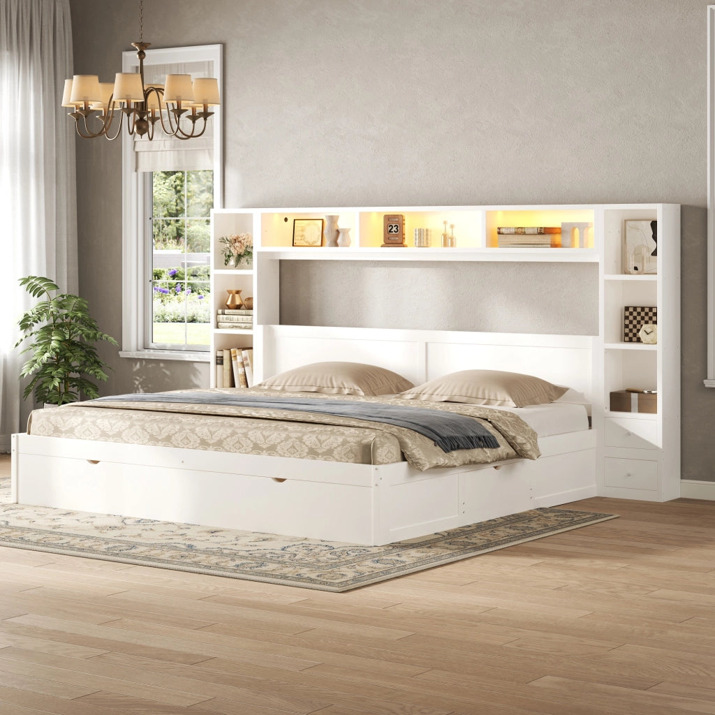 Letto contenitore 180x200 cm con testiera libreria; 7 cassetti e LED; bianco