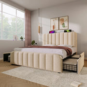 Letto matrimoniale imbottito ULEVR 160x200 cm con 4 cassetti, USB e Type-C, lino beige