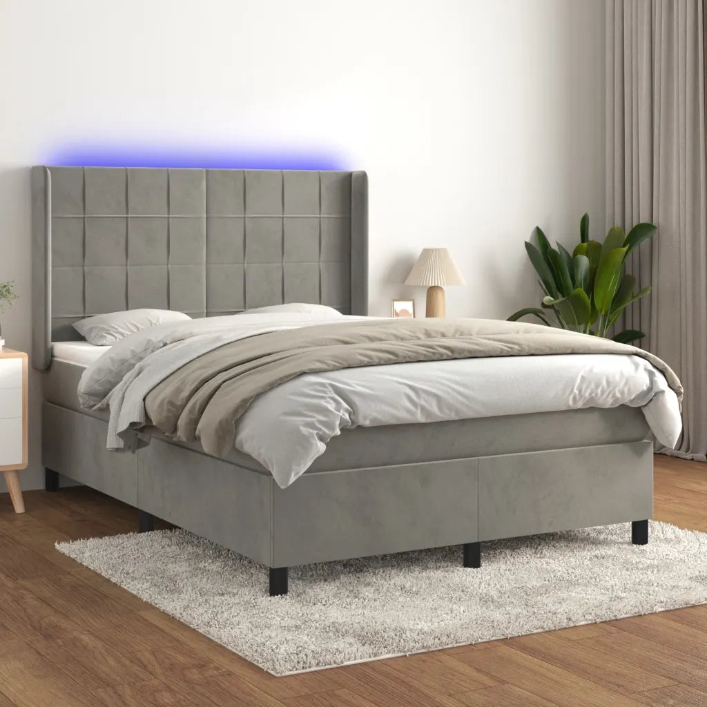 Letto a Molle Materasso e LED Grigio Chiaro 140x190 cm Velluto 3139559