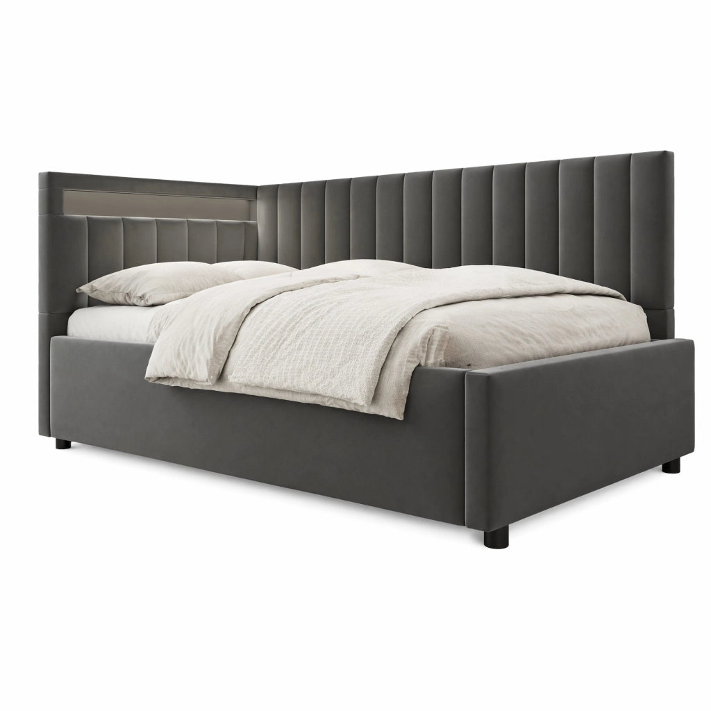 Letto imbottito 90x200 cm con LED e vano contenitore grigio