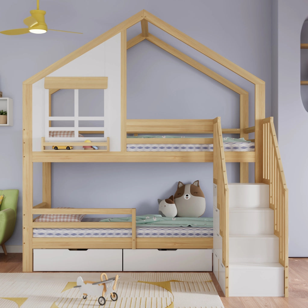 Letto a castello per bambini 90x200 cm con cassetti e scala contenitore