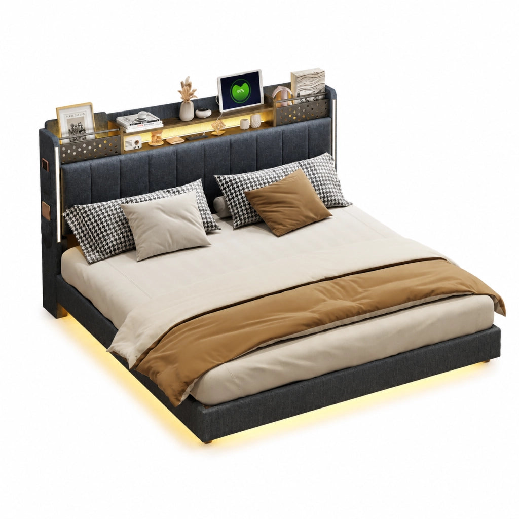 Letto imbottito 160x200 cm; testiera con USB e LED; contenitore; tessuto grigio (Senza materasso)