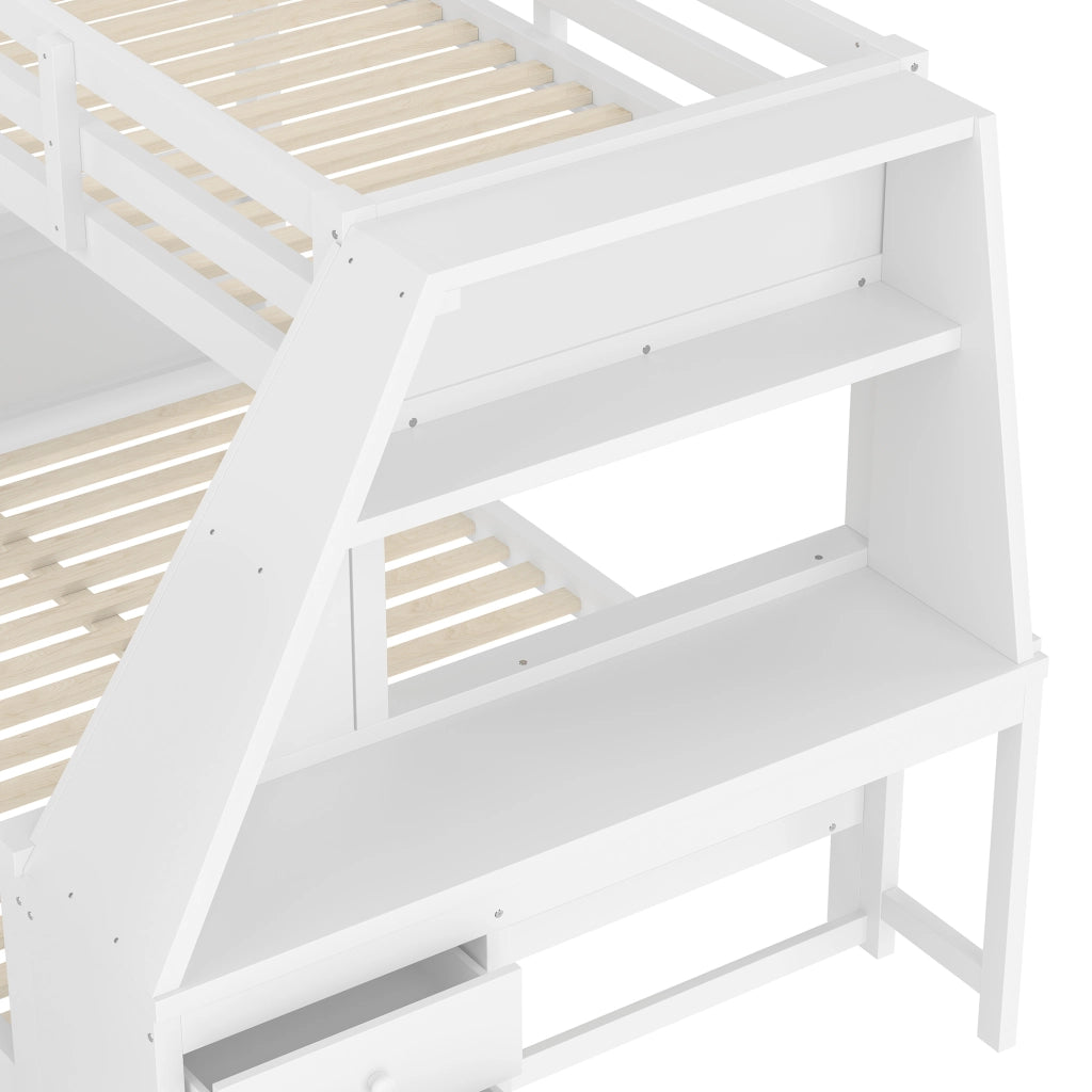 OKWISH Letto a castello 90×200 cm e 140×200 cm, Letto 3 Posti con Scrivania, Mensole e 3 Cassetti, senza Materasso, Bianco
