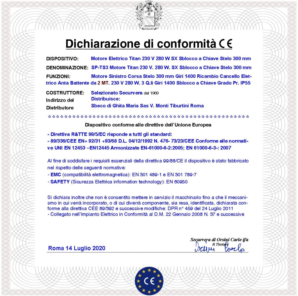 Motoriduttore Sinistro Titan 230 V Ricambio Cancello Corsa Stelo di 300 mm Sblocco a Chiave Dotato di staffe e bulloni di Fissaggio Potenza 280 W IP55 Corpo In Alluminio Pressofuso Protezione 135°