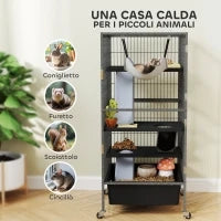 Gabbia per Piccoli Animali a 4 Livelli con Rampe, Piattaforme, Amaca e Ruote, 52x52x115 cm, Grigio