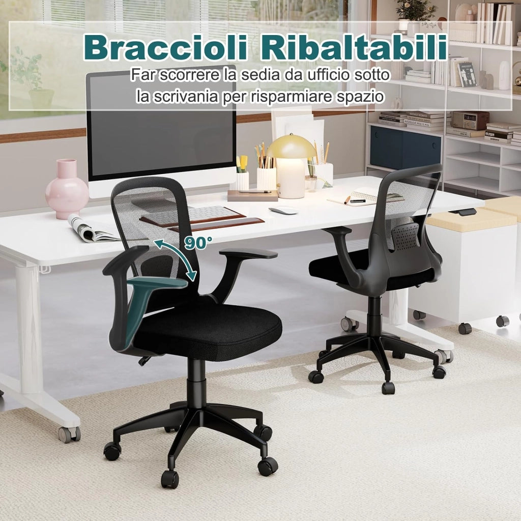 Sedia da Ufficio Ergonomica in Rete, Regolabile in Altezza e Schienale Regolabile, Braccioli Ribaltabili e Supporto Lombare, Sedia Girevole per Scrivania, per Ufficio, Portata 150 kg