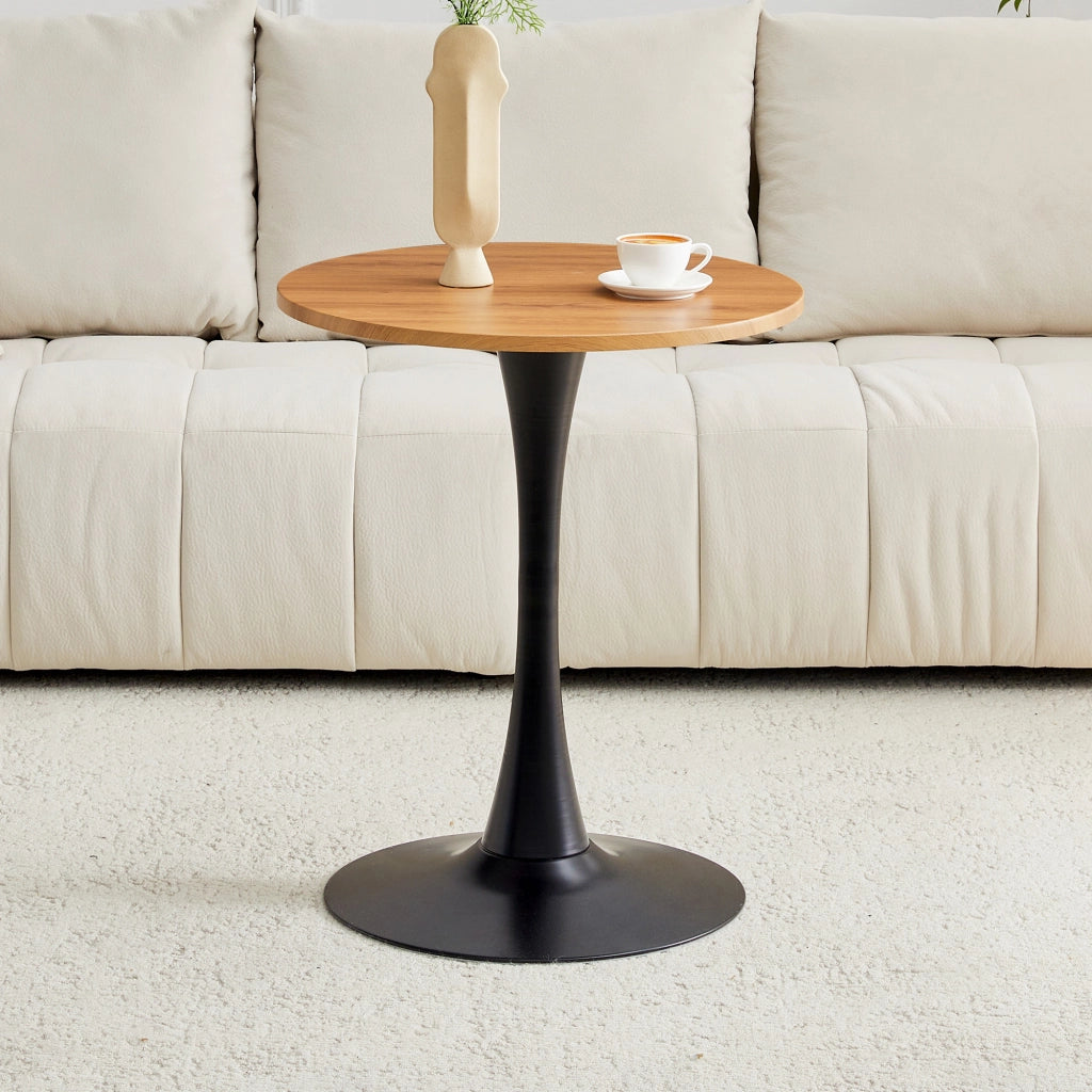 Tavolo da pranzo rotondo con base centrale, piano in MDF effetto legno, stile mid-century, per soggiorno, nero e legno