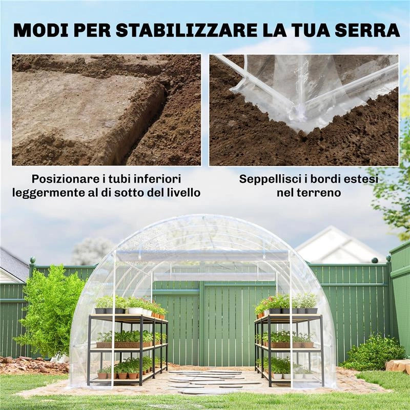 SERRA A TUNNEL 3X4X2 M CON PORTE AVVOLGIBILI, TELAIO IN ACCIAIO E COPERTURA IN PE ANTI-UV, TRASPARENTE