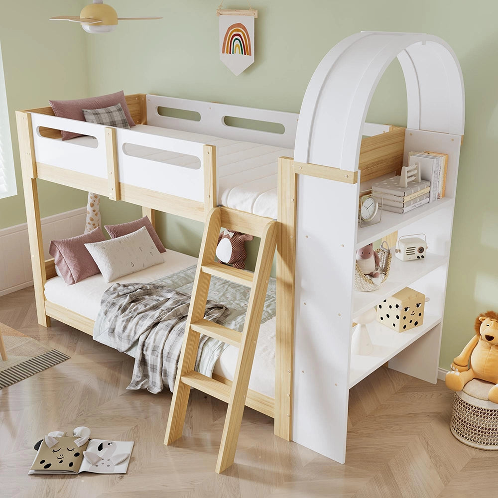 Letto a castello-Xylo-90x200cm 3 ripiani barriera sicurezza pino+MDF