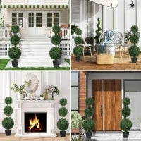 Set di 2 alberi artificiali 101,6 cm 3 boules di bosso topiario pianta finta verde PE con vaso interno ed esterno