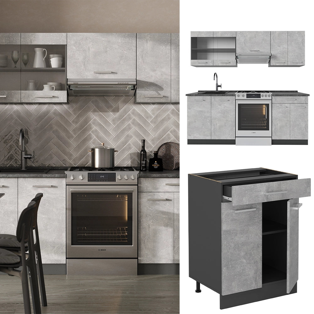 Cucina componibile R-Line Calcestruzzo/Antracite 200 cm senza piano di lavoro Vicco