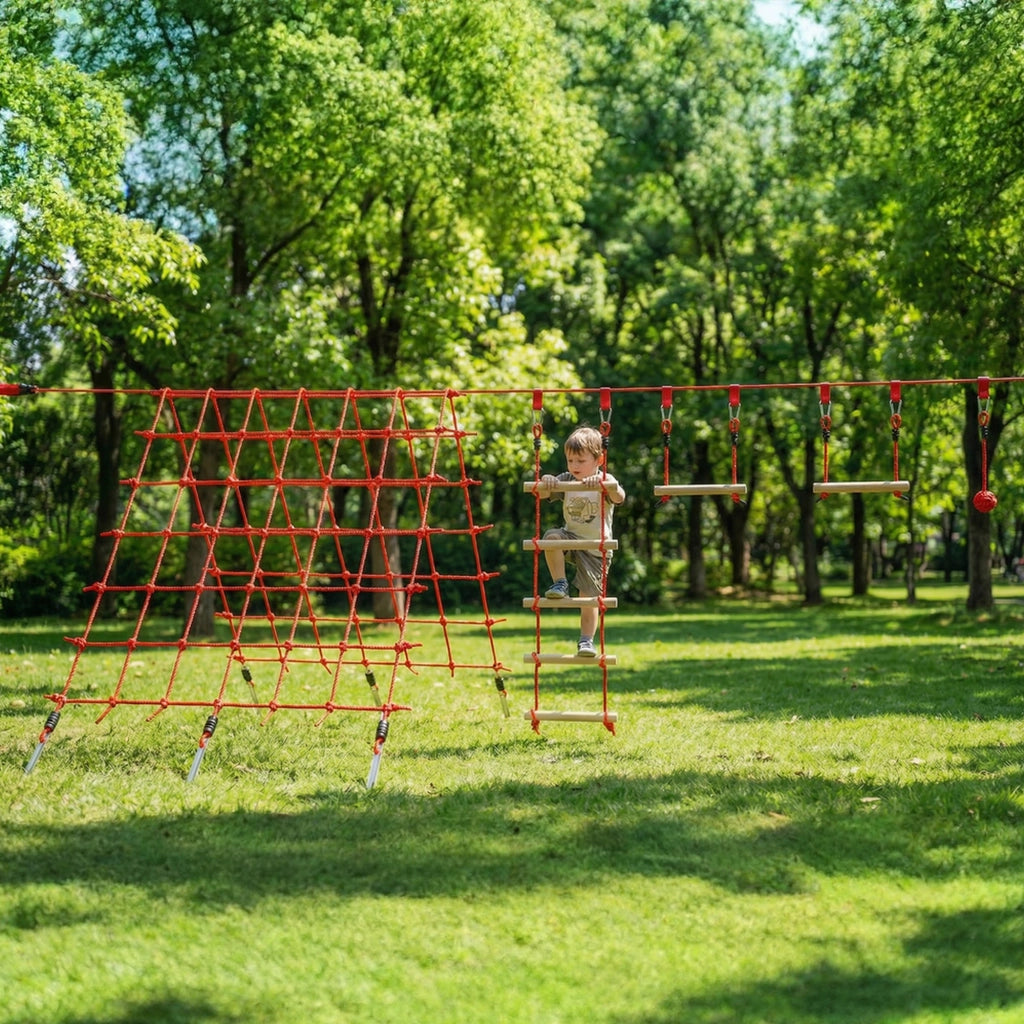 Set Slackline per bambini con anelli, altalena, scala e rete da arrampicata ¨C zephmum ¨C 100x30x18 cm Rosso