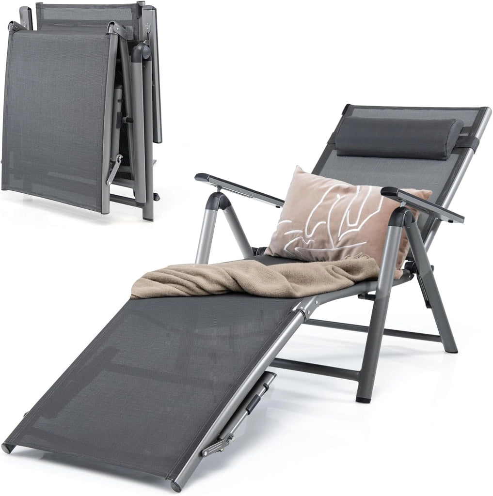 Sdraio pieghevole da giardino con schienale regolabile e poggiapiedi, sedia a sdraio fino a 110 kg, lettino relax con cuscino per spiaggia, balcone