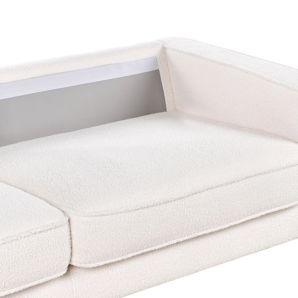Divano in tessuto boucle bianco 3 posti con cuscini e gambe in metallo stile minimalista moderno