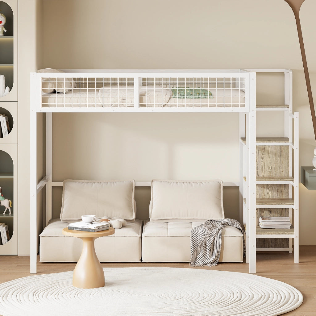 OKWISH Letto a Soppalco 140×200 cm, Letto Matrimoniale con Armadio, Mensole e Scala di Sicurezza, senza Materasso, in Metallo, Bianco