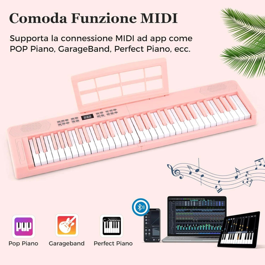 Tastiera Pianoforte Pieghevole a 61 Tasti, Tastiera Elettronica con Funzione MIDI, Cuffie, Pedale Sustain, Pianoforte Digitale Portatile per Principianti (Rosa)