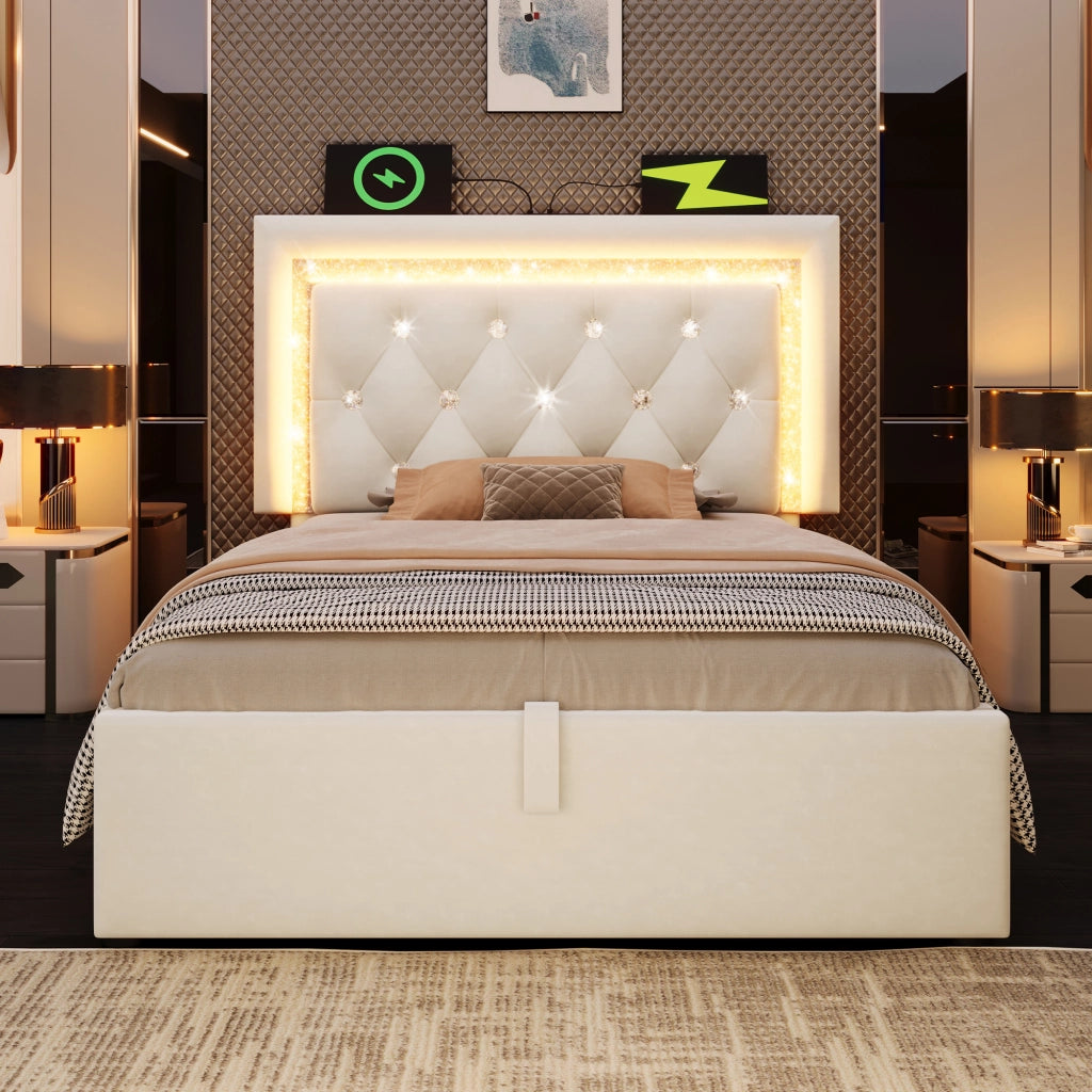 Letto imbottito idraulico con LED e USB 90x200 cm velluto beige