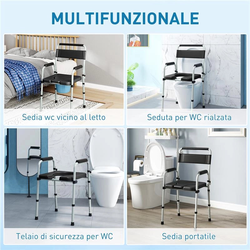 SEDIA WC PIEGHEVOLE E REGOLABILE CON BRACCIOLI E SCHIENALE IN ACCIAIO E PELLE PU 52.5X46X81.5-97 CM NERO