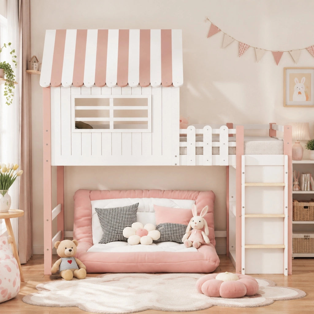Letto per bambini a casetta 90x200 cm in legno massello; rosa; con scala di sicurezza