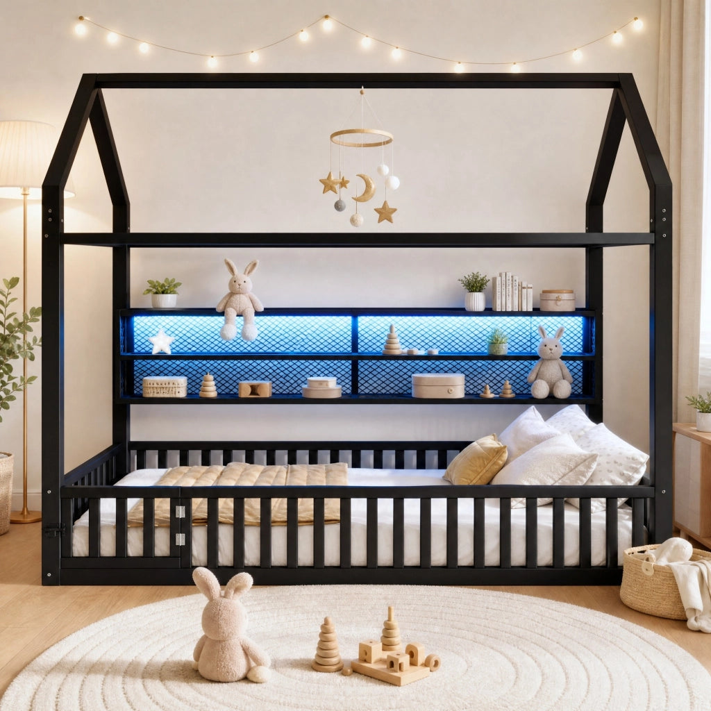 Letto singolo a casetta 90x200 cm con barriera di sicurezza e LED 7 colori in metallo nero