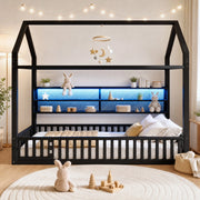 Letto singolo a casetta 90x200 cm con barriera di sicurezza e LED 7 colori in metallo nero