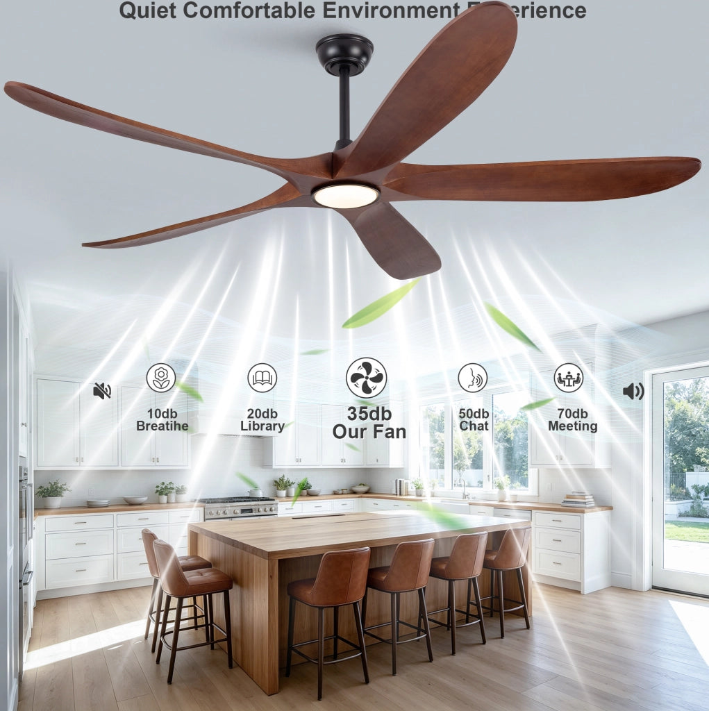 Ventilatore da soffitto con luce LED da 60 pollici; 5 pale in legno massello; noce e nero