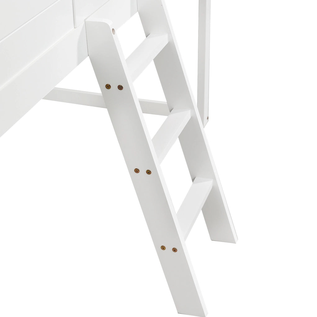 Letto a soppalco per bambini 90x200 cm con scala; protezione anticaduta e finestre grigie; bianco