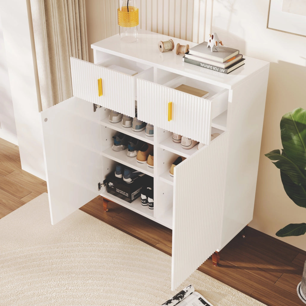 Credenza con 2 Ante e 2 Cassetti; Ripiani Regolabili; Push-to-open; Stile Elegante; in Pannello Di Particelle; Bianco; 83×35×101 cm