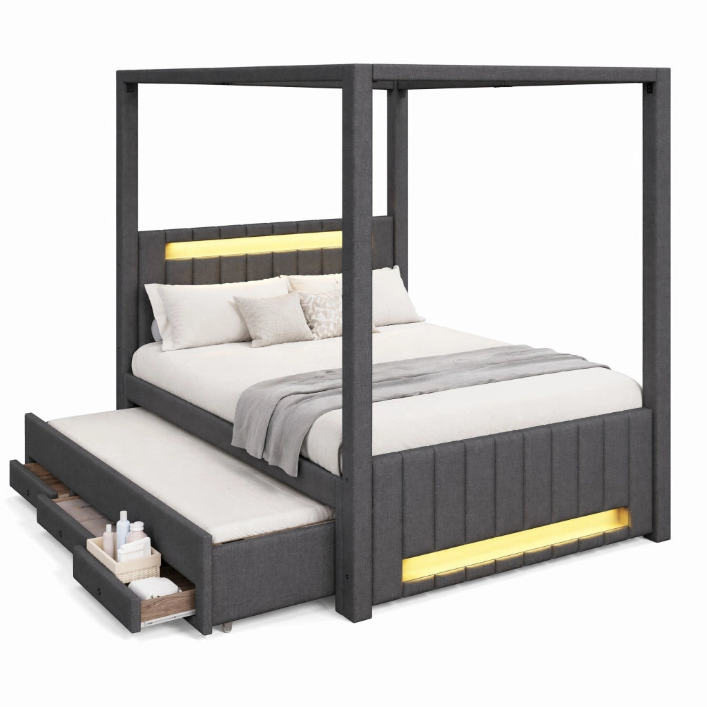Letto a baldacchino imbottito 140x200 cm con letto estraibile; 3 cassetti e LED; grigio
