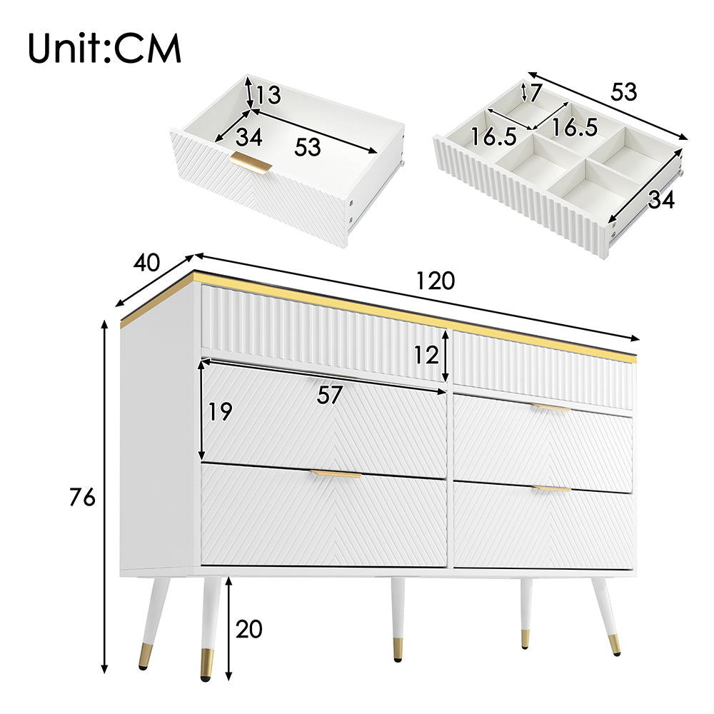 Buffet con maniglie in metallo - Xylo - 6 cassetti e 2 scompartimenti, facciate in vetro ambra, design a strisce irregolari, bianco