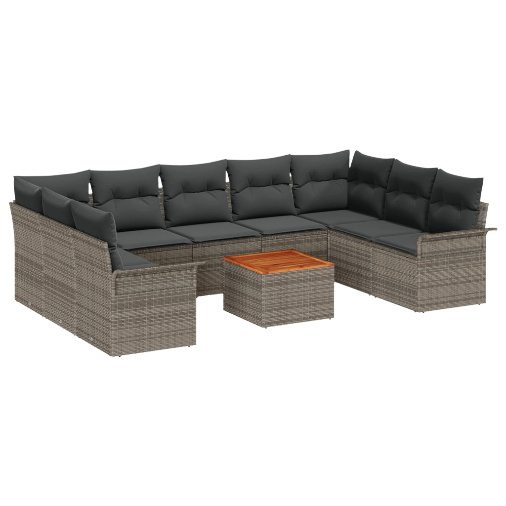 Set Divano da Giardino a 10 Pezzi con Cuscini Grigio Rattan Sintetico Acacia