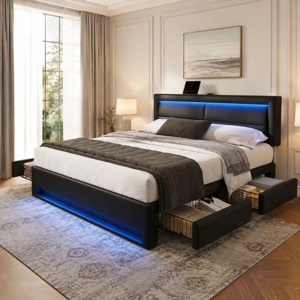 DESMIU Letto matrimoniale 140 × 200 cm 2 posti con USB, LED, 4 cassetti, senza materasso, in PU, nero
