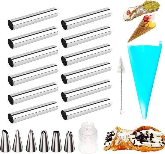 Forme per cannoli, 21 pezzi, forme a schiuma, tubi per cannoli, 12 cm acciaio inossidabile, forma per cannoli, per tubi per cannoli, croissant, forme per biscotti, forma con spazzola di pulizia e punta di siringa
