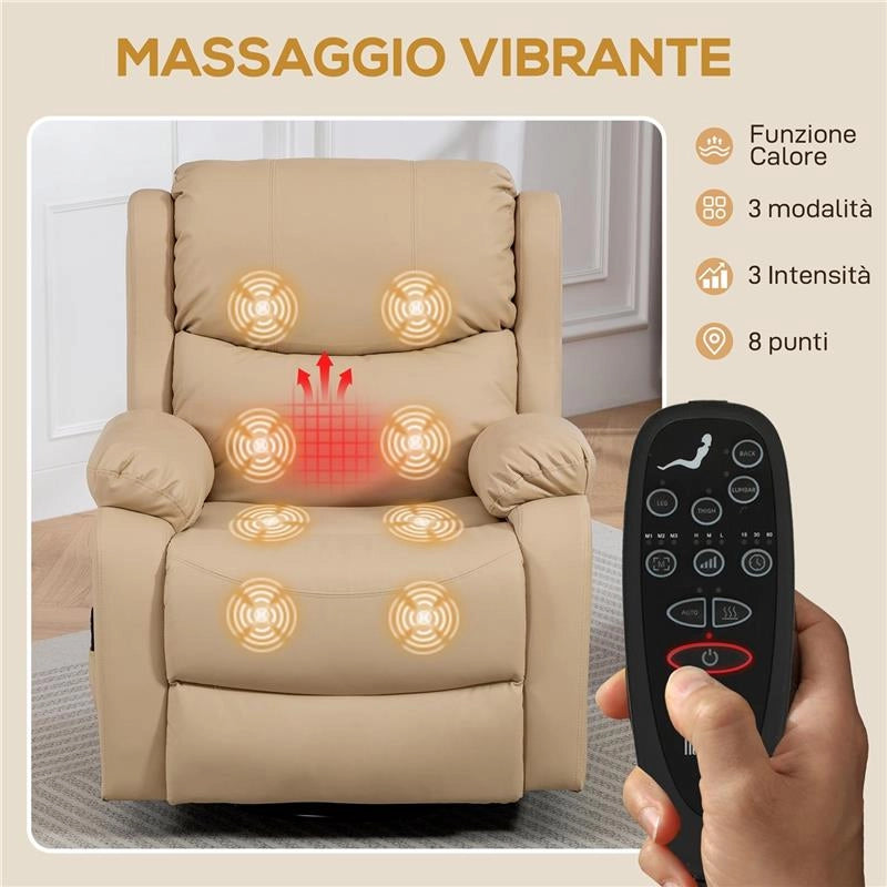 POLTRONA RELAX RECLINABILE CON 8 PUNTI MASSAGGIANTI, RISCALDANTI E POGGIAPIEDI, 87X97X100 CM, BEIGE