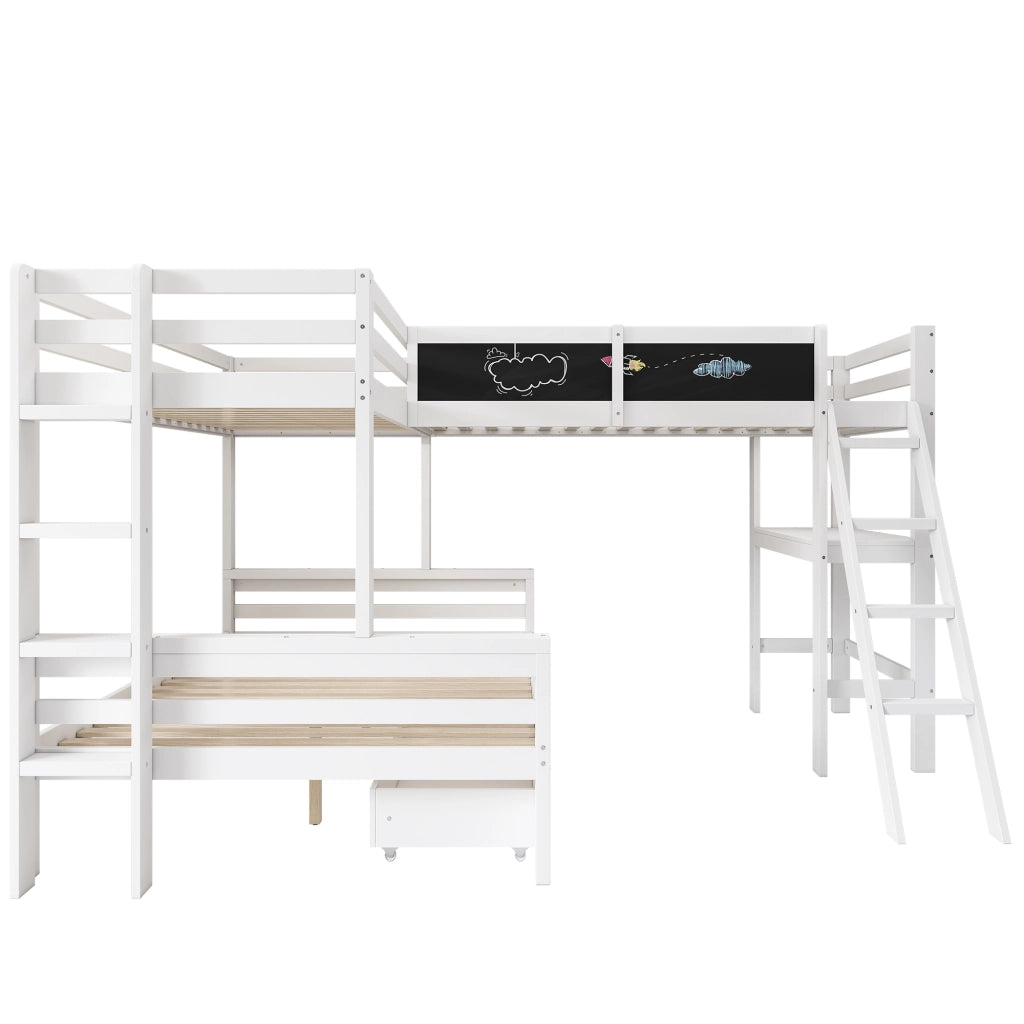 OKWISH Letto a Castello 140×200 cm e 90×200 cm, Letto 3 Posti con 2 Cassetti, Scrivania Integrata e Mensole, senza Materasso, Bianco