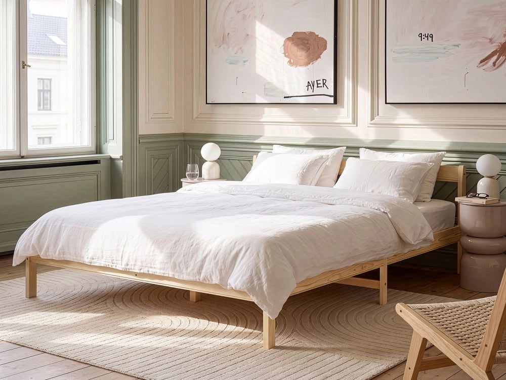 Letto matrimoniale in legno di Pino marrone chiaro con Rete a Doghe 180 x 200 cm stile minimalista