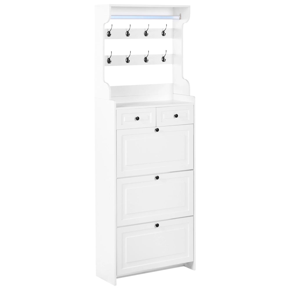 Mobile porta scarpe alto in truciolato bianco 70 x 30 x 200 cm 12 paia di scarpe con cassetti e ganci per un ingresso moderno