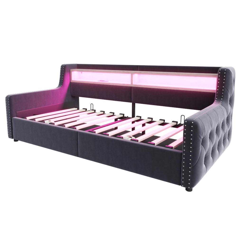 Schlafsofa imbottito 90x200 cm in velluto grigio con contenitore idraulico, LED, presa USB/Type-C e rete a doghe