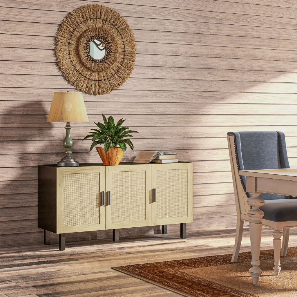 Armadio con ante a effetto canna, ripiani regolabili ¨C zephmum ¨C nero e legno naturale, 136x41x70 cm