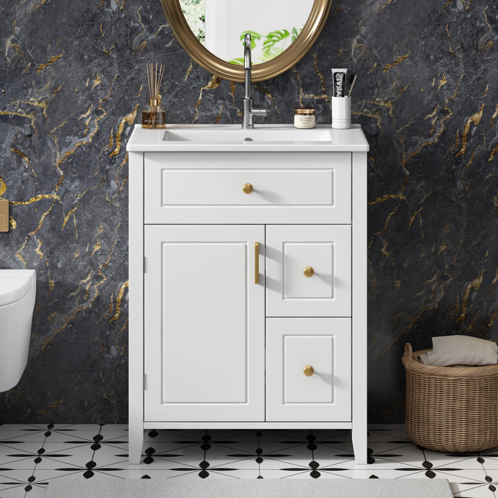 Mobile bagno con lavabo in ceramica; 2 cassetti; 1 anta e ripiano laterale; chiusura soft-close; bianco; 61×47×87 cm