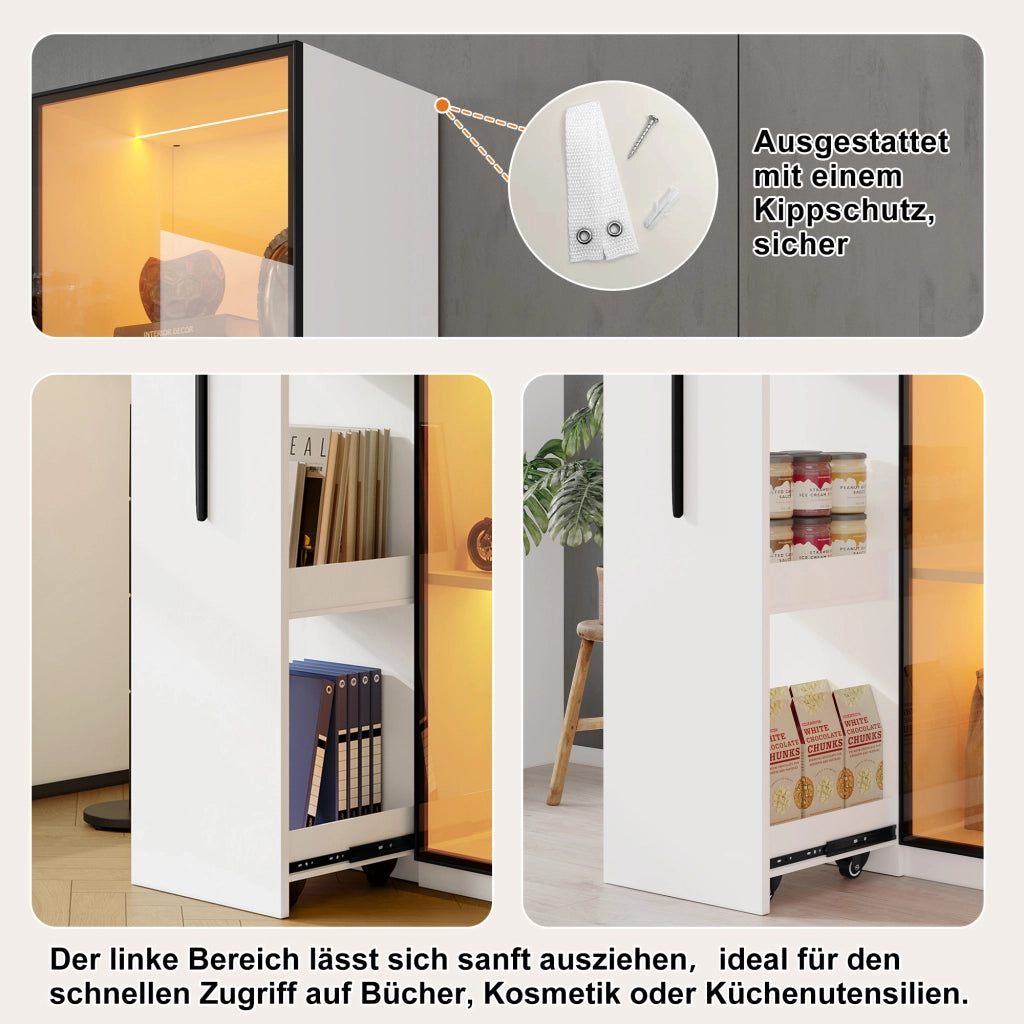 ARMADIO multifunzione 70x40x160 cm bianco con libreria estraibile e vetrina LED