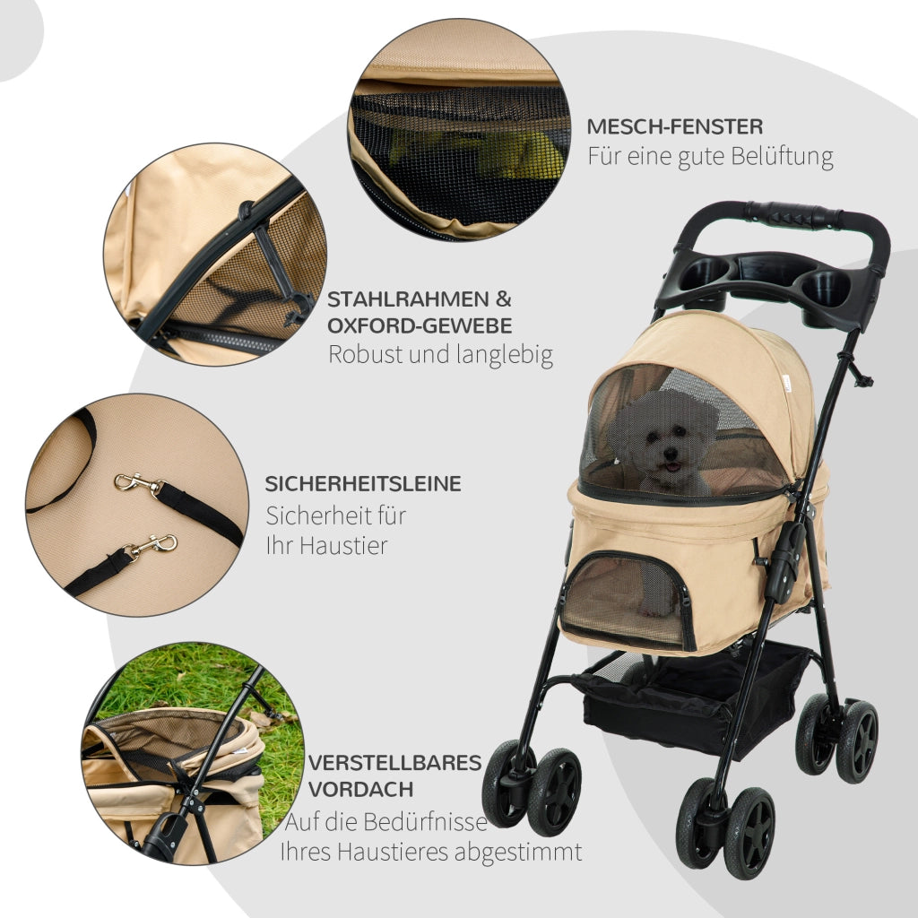 Carrello pieghevole per animali con quattro doppie ruote, freni posteriori e cestello in tessuto oxford khaki
