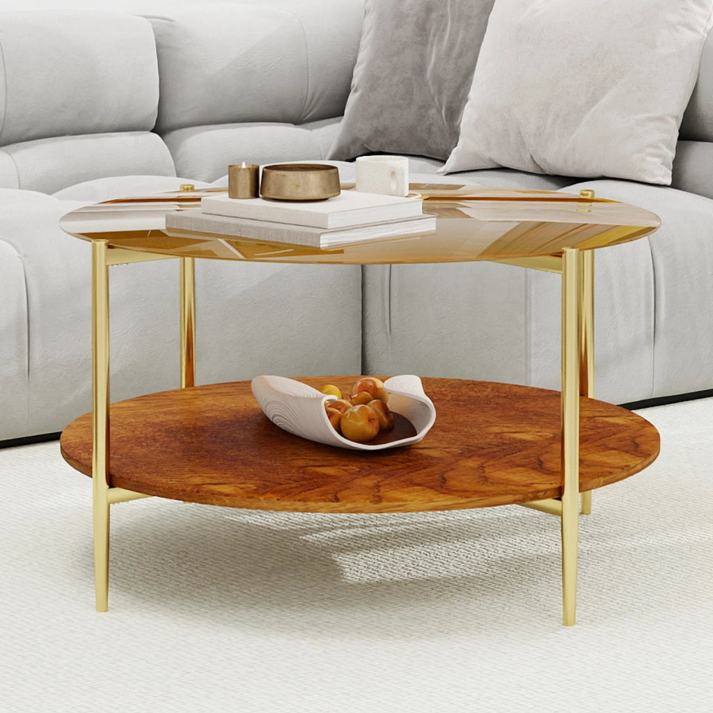 Tavolino basso con piano in vetro temperato dorato e base in legno a due livelli, per soggiorno, 82 × 45 cm