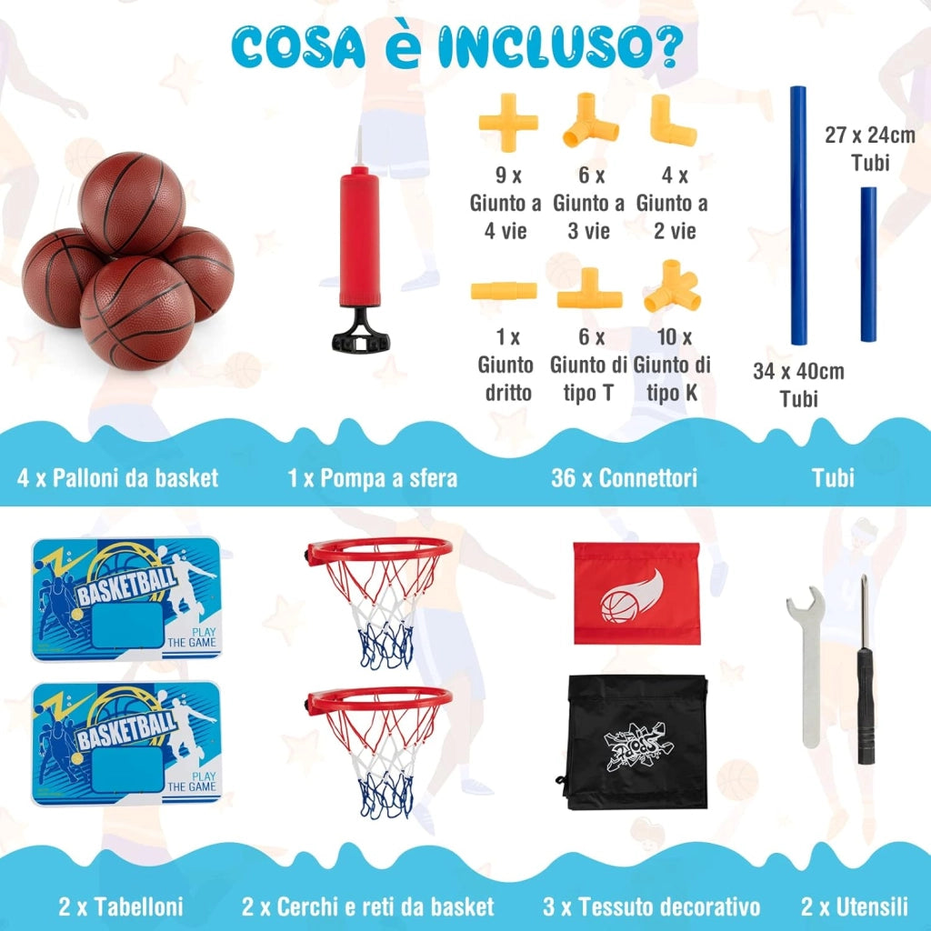 Canestro Basket da Camera per Bambini, Gioco Pallacanestro a Doppio Tiro con 4 Palline e Pompa di Gonfiaggio, Ideale per Sala Giochi e Cortile e Cameretta, 90 x 90 x 140 cm
