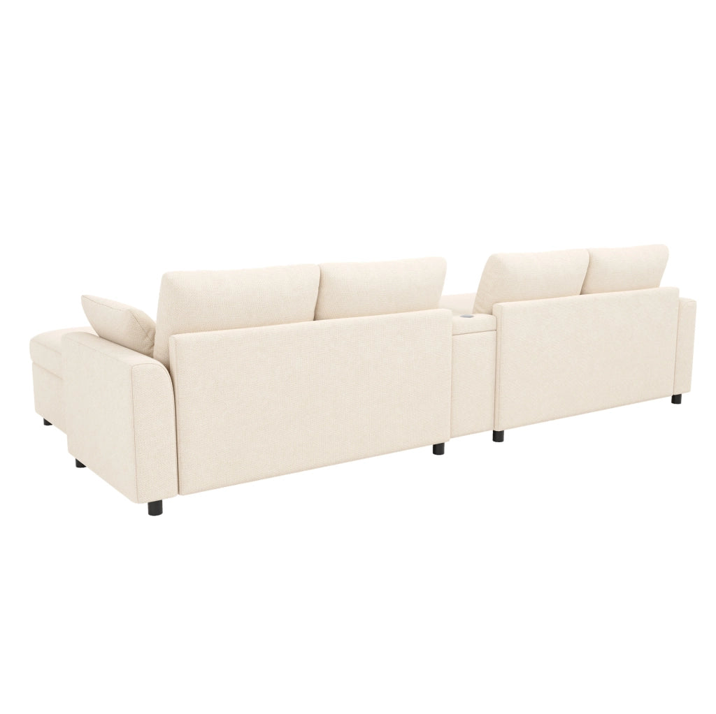 Divano angolare modulare 6 posti a U/L in ciniglia beige con 2 pouf contenitore e USB/Type-C