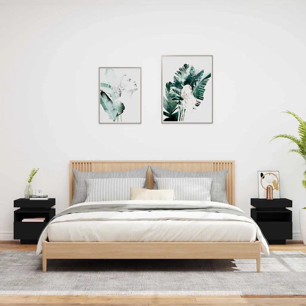 Set di 2 Comodini | Armadio da Notte | Mobiletto da notte con Luci LED Neri 40x39x48,5 cm