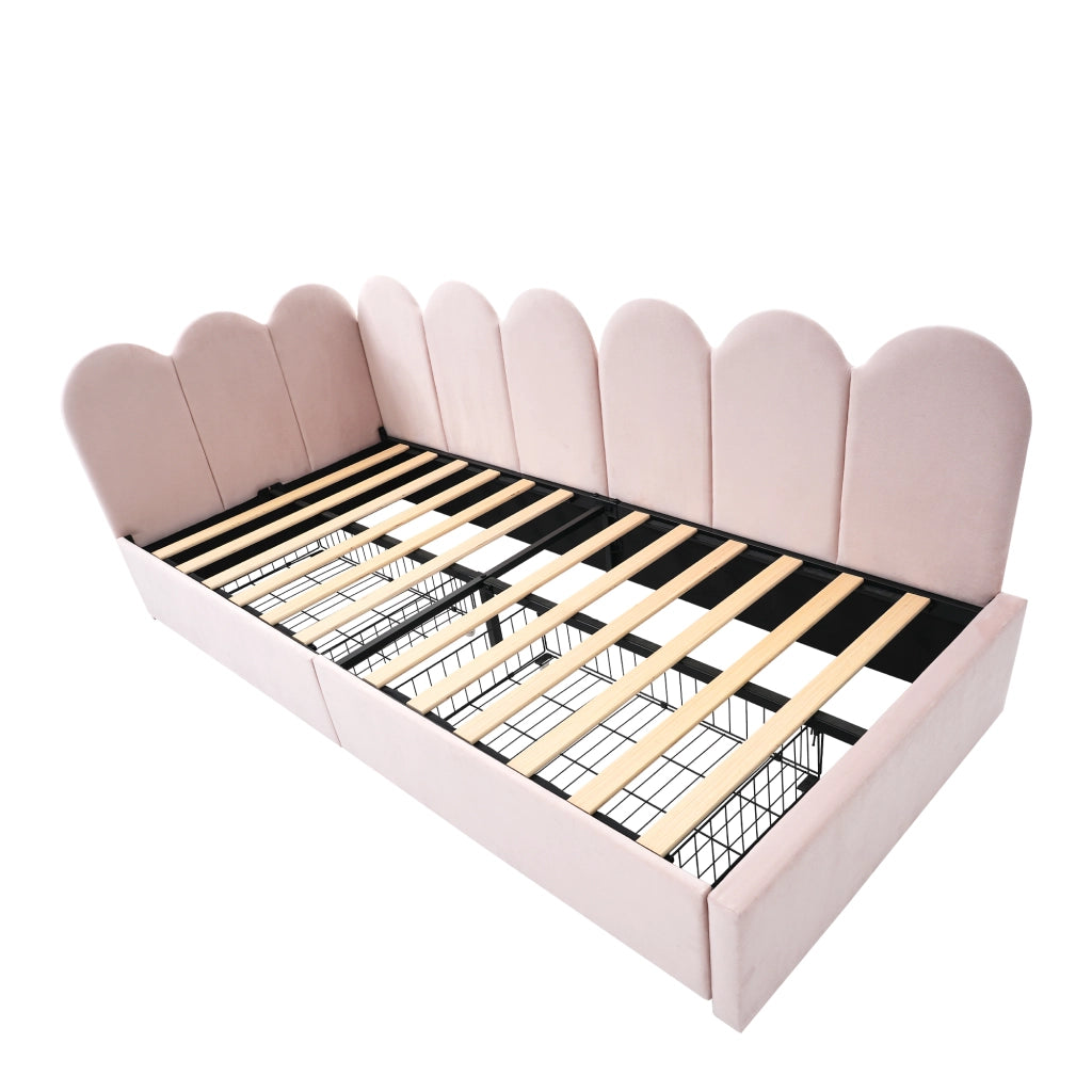 Letto singolo imbottito con 2 cassetti 90x190 cm in velluto rosa con rete a doghe