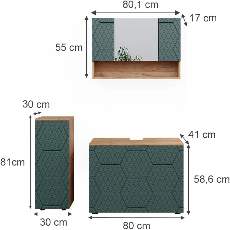 Set mobili bagno Irma, Quercia verde/oro, 3 pezzi, con cassettiera e mobile midi